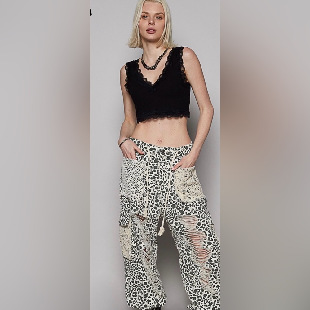 Pol Leopard Print Patchwork Distressed Crochet Jo… - image 3